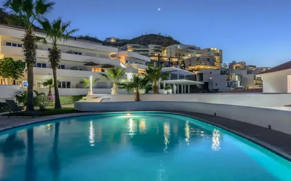 Pool and condominium buildings at Portofino in Pedregal, Cabo San Lucas